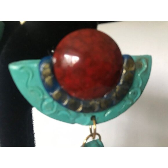 Vtg 1980's Handmade Resin Half Moon Dangle Drop Earrings Amber Cabochon Clip On - Picture 4 of 10